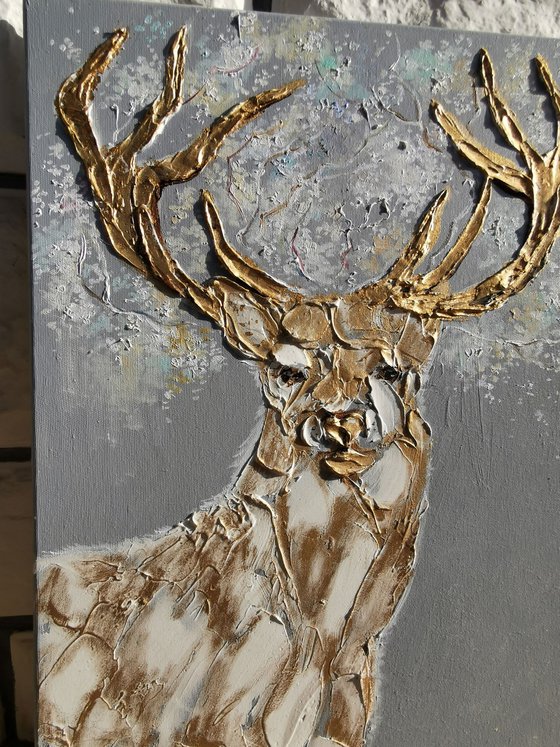 Golden deer Christmas decor, Oil painting original