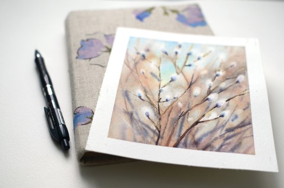 Spring Willow in watercolor, Miniature painting