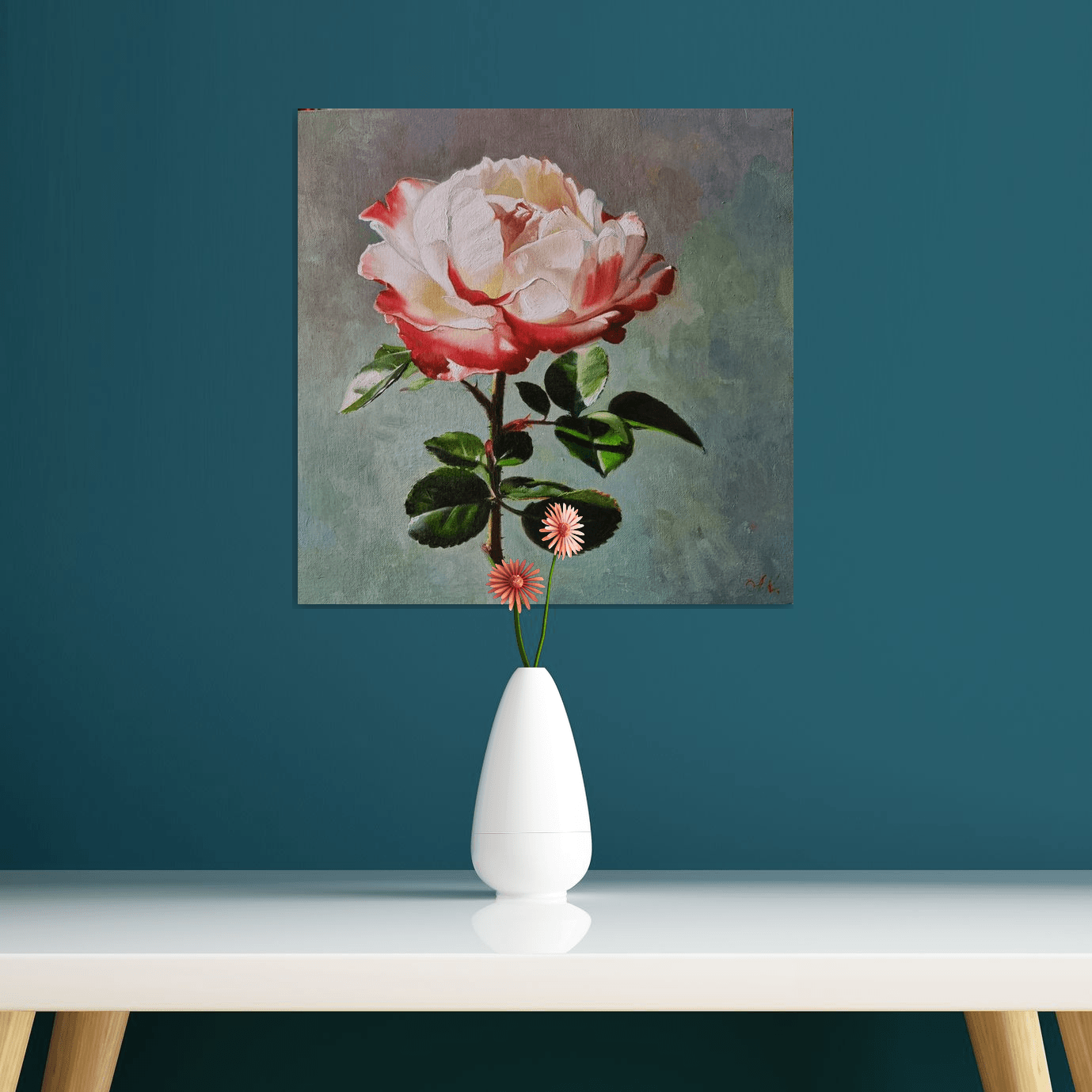 Gold Pink Noisette Roses on Dusk Blue GLDFLWR Painting by Holy