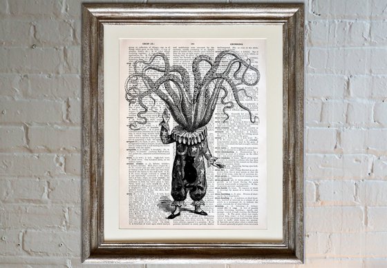 Octopus Astronomer - Collage Art Print on Large Real English Dictionary Vintage Book Page