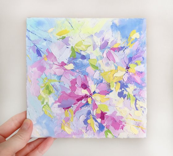 Set of 4 small floral paintings with abstract colorful flowers