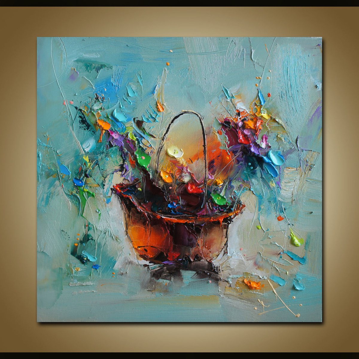 Expressive Botanical Oil Painting By Stanislav Lazarov, 16 X 16", Colorful Basket, Original Artwork
