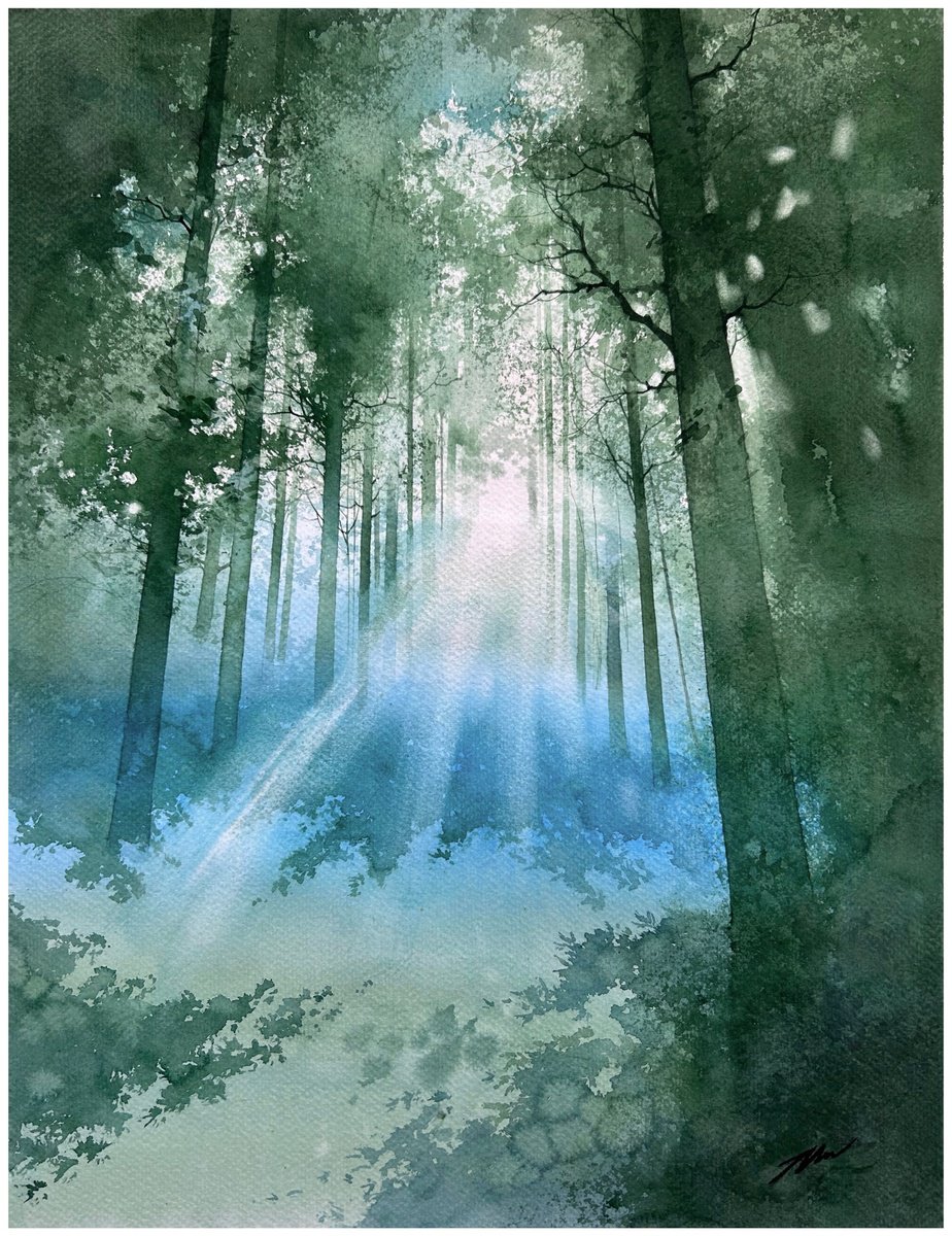 Impressionistic Landscape Watercolour By Nazar Grunyka, 13 X 17", Morning In The Forest, Original Artwork