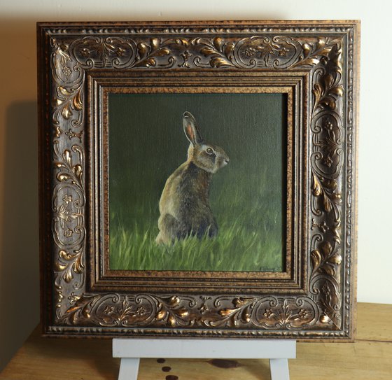 Rabbit Painting, Animal Artwork, Bunny, Nature Wall Decor Framed and Ready to Hang Oil Painting by Alex Jabore Active