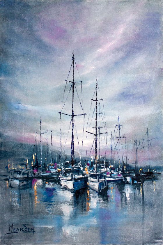 "Quiet harbor " yachts at sea, landscape