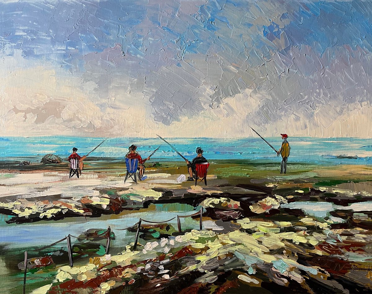 Impressionistic Landscape Acrylic Painting By Maria Kireev, 31 X 25", Fishermen, Original Artwork