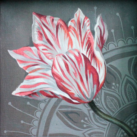 Tulip on mandala grey background Square wooden painting Unusual wall art Rustic interior