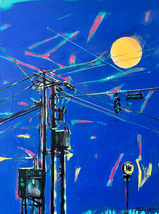 Urban painting - "Yellow moon" - Pop art - Bright - Street art - Electric pole - Urban - Sunset