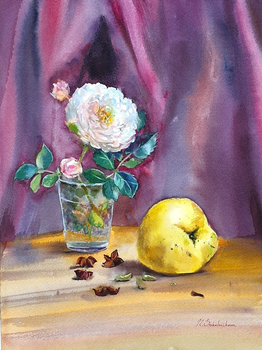 Impressionistic Still Life Watercolour By Sonata Art, 16 X 20", Autumn Rose Still Life, Original Artwork