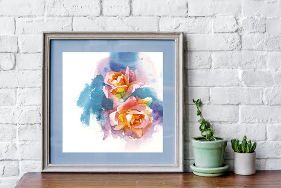 Original watercolor painting "Two fiery roses"