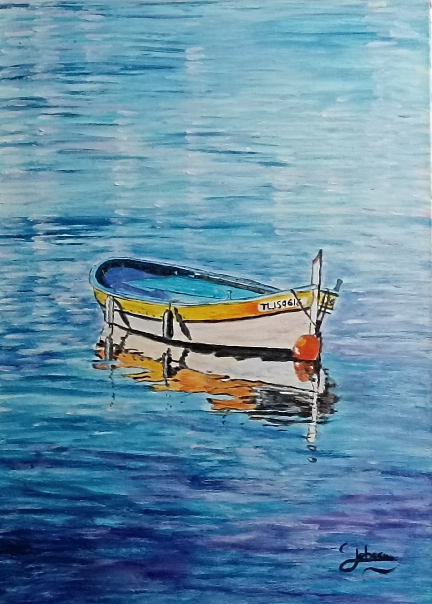 Impressionistic Landscape Oil Painting By Isabelle Lucas, 13 X 18, Boat And Reflection, Original Artwork