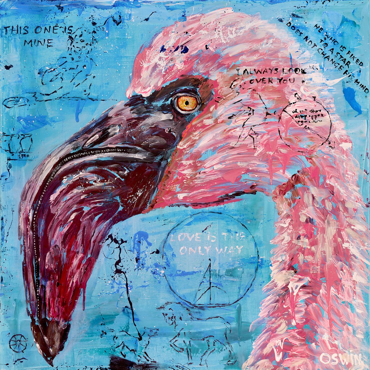 Expressive Animal Acrylic Painting By Oswin Gesselli, 31 X 31", Flamingo Bird : Love Is The Only Way - 80 X 80 Cm | 31.5"X31.5" Series Hidden Treasures By Oswin Gesselli, Artfinder