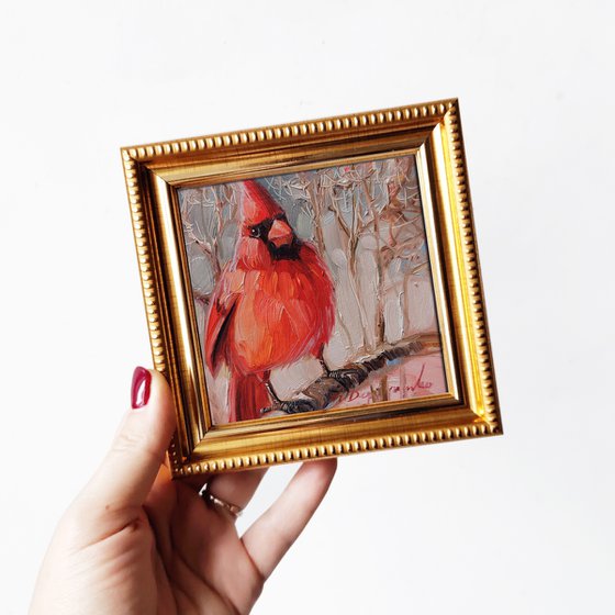 Cardinal bird oil painting original framed artwork gift, Autumn red Bird wall art home decor small painting 4x4