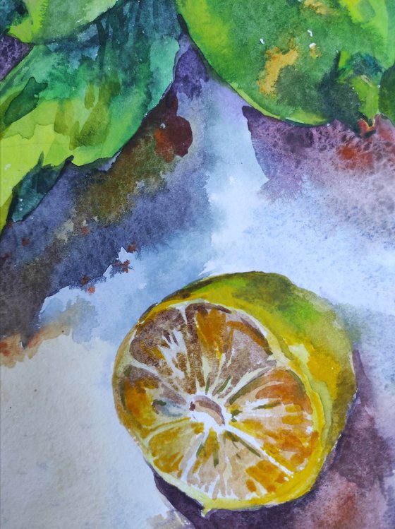 Hot in a citrus garden - citrus season - lemons - original artwork, watercolor