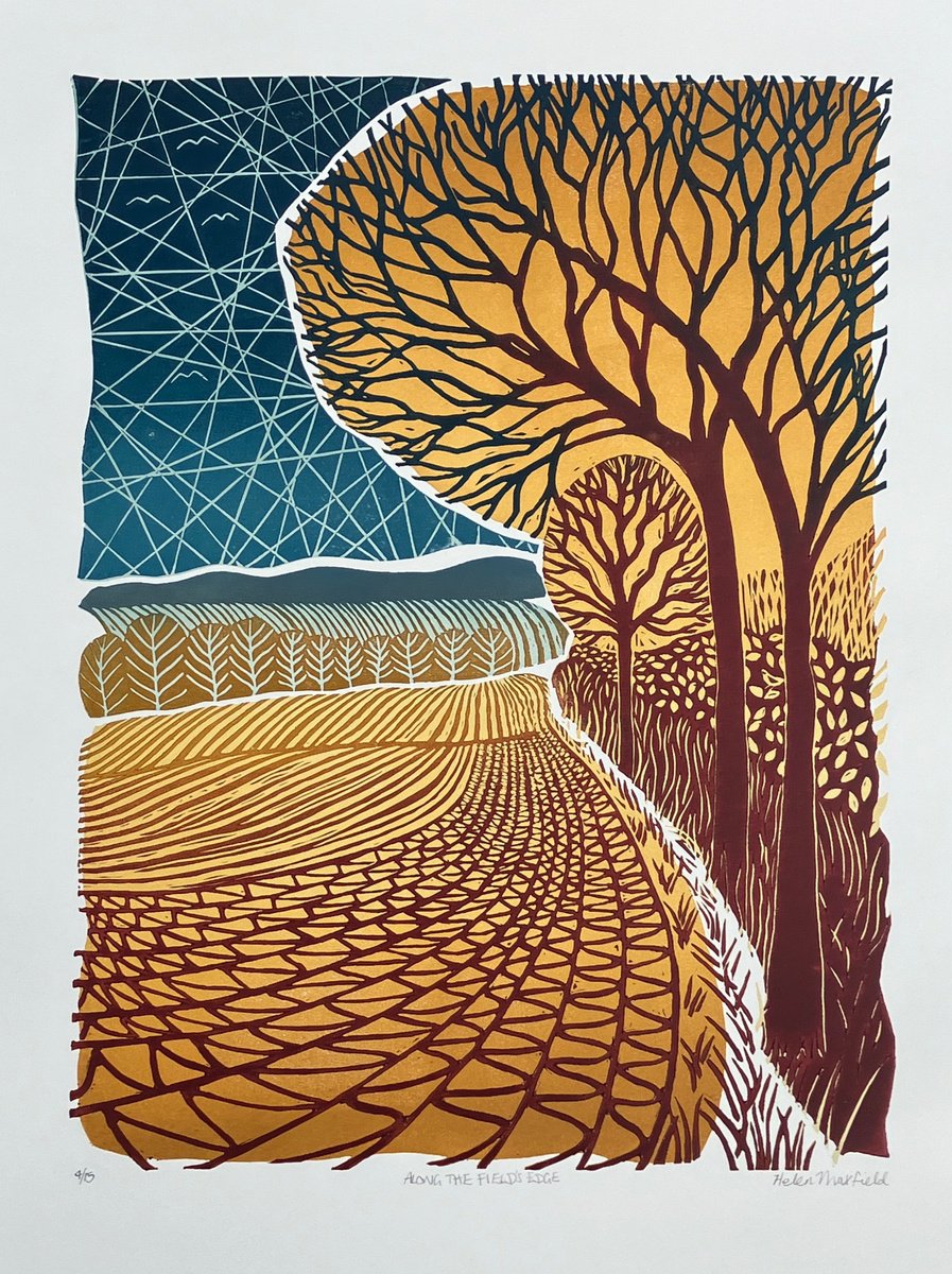 Impressionistic Landscape Linocut By Helen Maxfield, 15 X 20, Along The Field