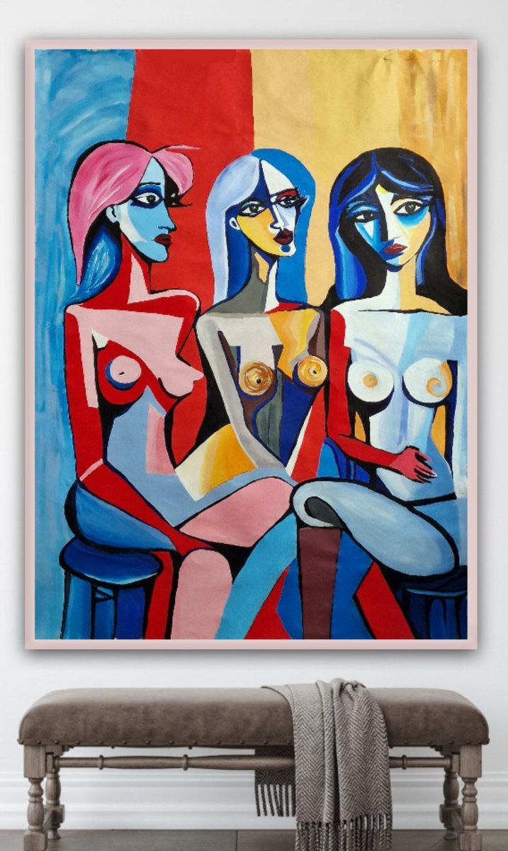 Abstract Portrait Acrylic Painting By Sanja Jancic, 48 X 63", Xxl Three Misses, Original Artwork