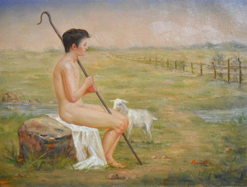 Oil painting art male nude boy in seaside  #16-10-2-01 by Hongtao Huang