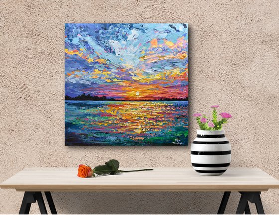 Magical Sunset - Original Sunset Painting on Canvas, Heavy impasto seascape artwork