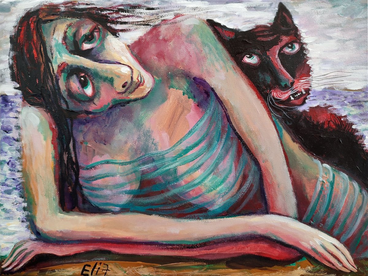 Expressive Portrait Acrylic Painting By Elisheva Nesis, 16 X 12, Midday Beach, Original Artwork