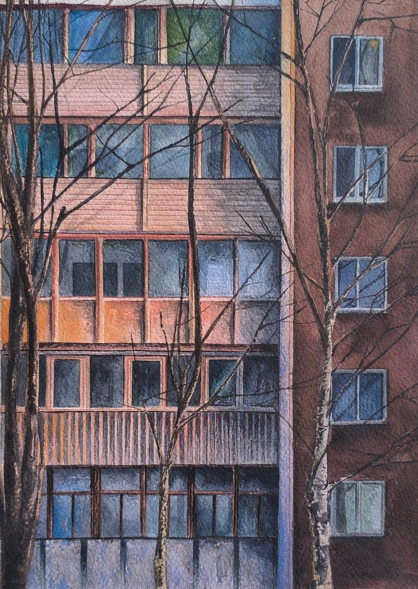 Photorealistic Cityscapes Watercolour By Elina V.g., 8 X 11, On A Cold Morning, Original Artwork