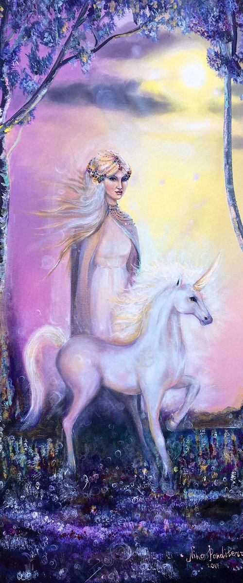 Princess And Unicorn - original intuitive magical fantasy oil art painting on stretched canvas by Nino Ponditerra