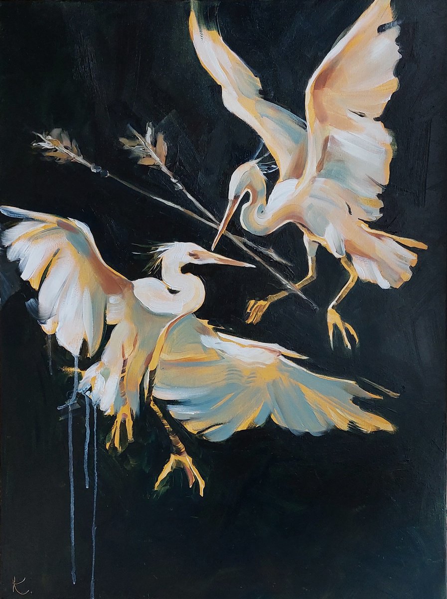 Impressionistic Animal Oil Painting By Kateryna Somyk, 24 X 32", Two Cattle Egrets, Original Artwork