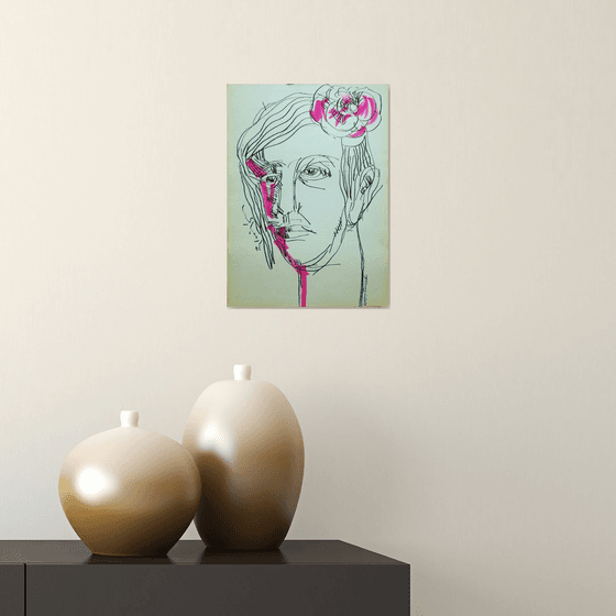 Portrait with Pink Flower, Drawing by ink on papre, 21x29cmm