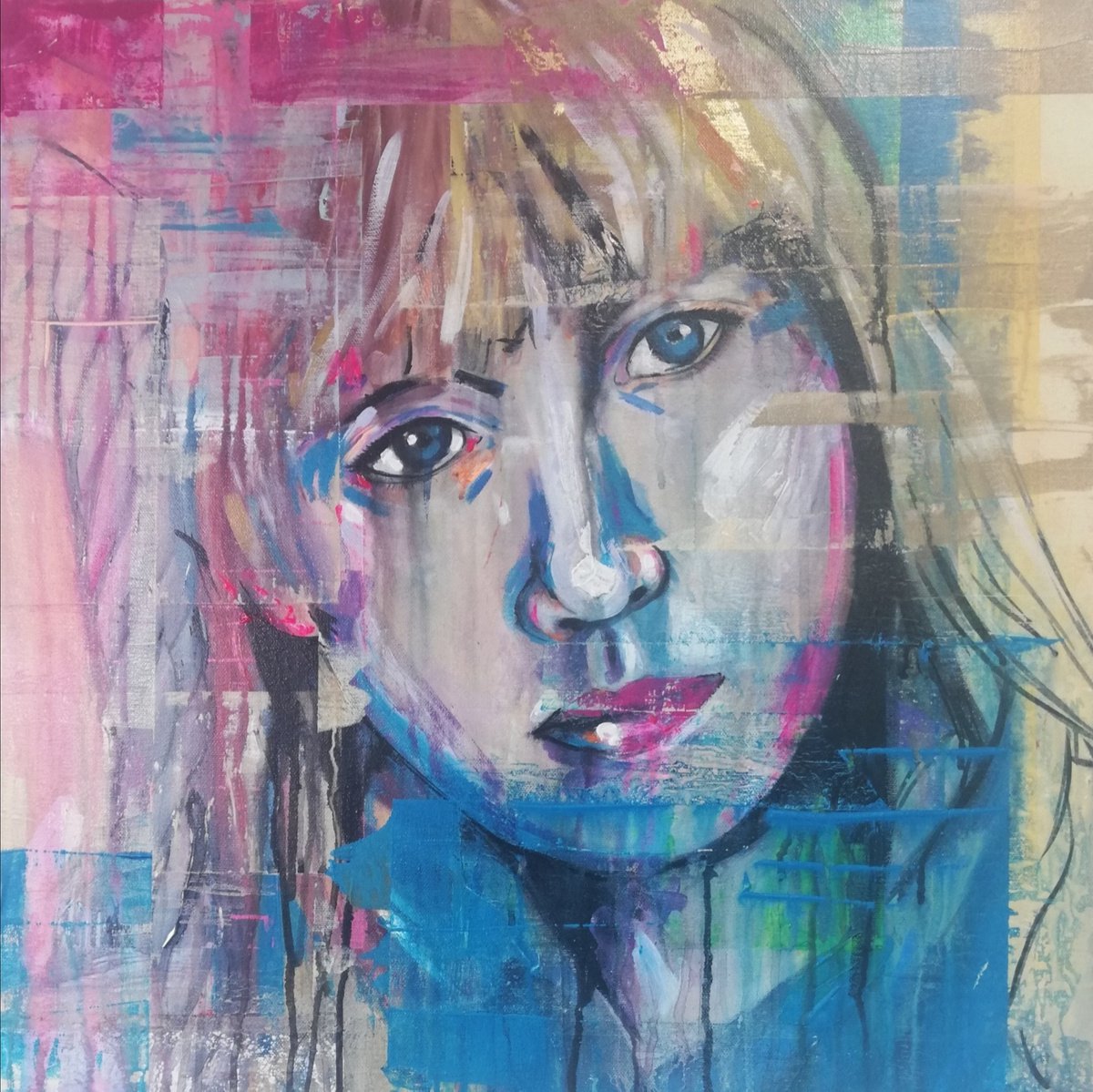 Expressive Portrait Painting By Dianne Bowell, 24 X 24, Colourful Portrait, Modern Art, Gestural Brush Strokes, Fault Lines Brightly Coloured, Artfinder