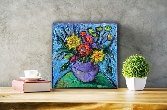 Wildflowers Bouquet On Green Table - Modern impressionist Impasto Palette Knife Oil Painting on canvas