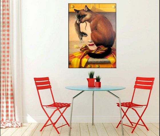 The cat 60x80cm, oil painting, surrealistic artwork