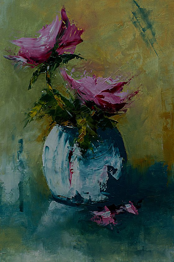 Roses in vase. Still life painting