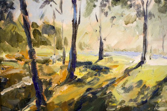 Sunny forest Original oil painting. Medium size green nature sunset trees impression impressionism yellow warm tones decor interior