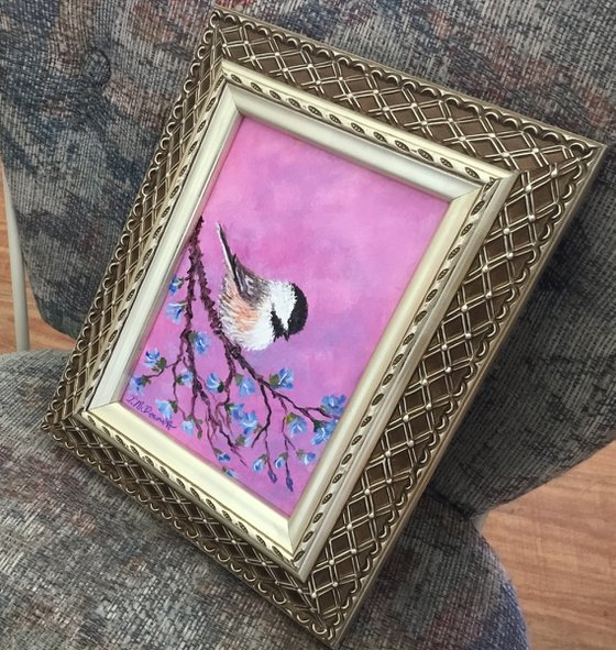 Fuschia Pink Chickadee Painting - framed 7X5 inch framed painting (SOLD)