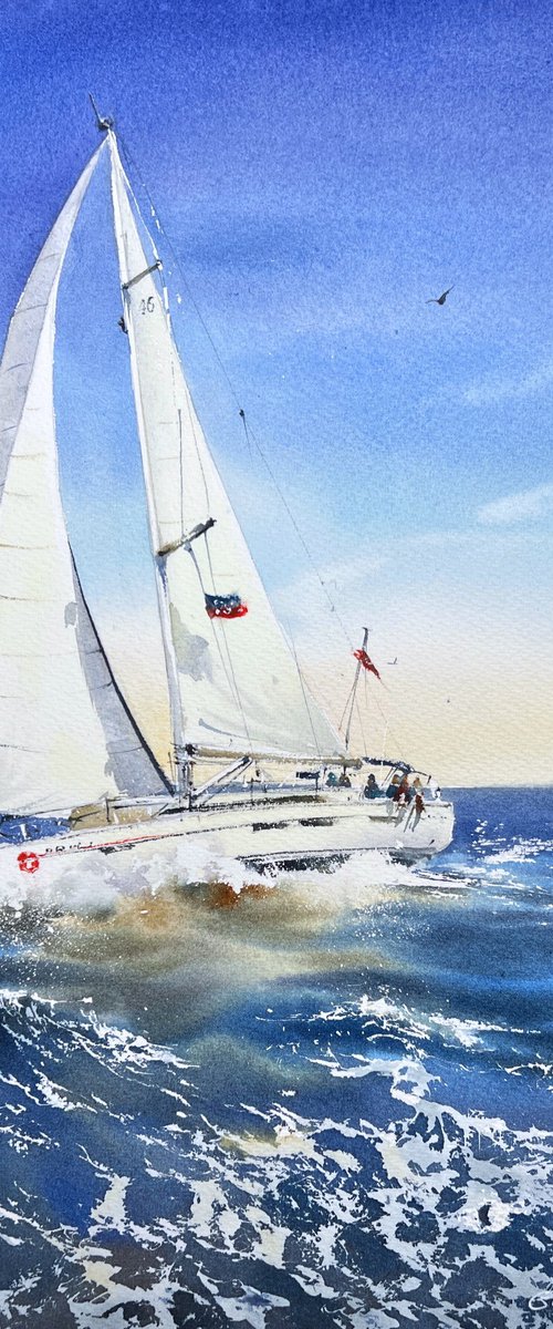 Yacht on the waves #5 by Eugenia Gorbacheva