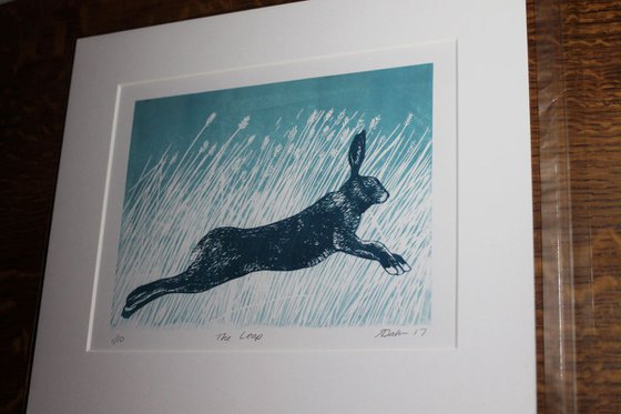 Through the Long Grass Vol 2, Hare running Linocut, Mounted