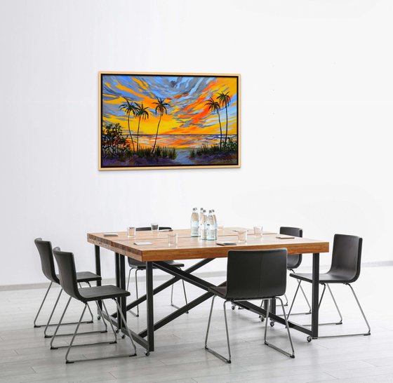 OCEAN SUNSET. Contemporary Florida Sunset Painting in Bold Orange, Purple, Yellow Colors