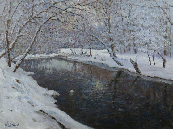 The Evening Winter River. Gift, wall art, interior art, interior design, stylish art, present, impressionism, winter, snowy landscape, river