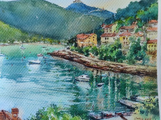 The idyllic Rabac watercolor painting (2023), European Istria Coastal port artwork