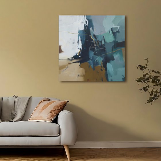 "Trino" Teal white brown abstract art