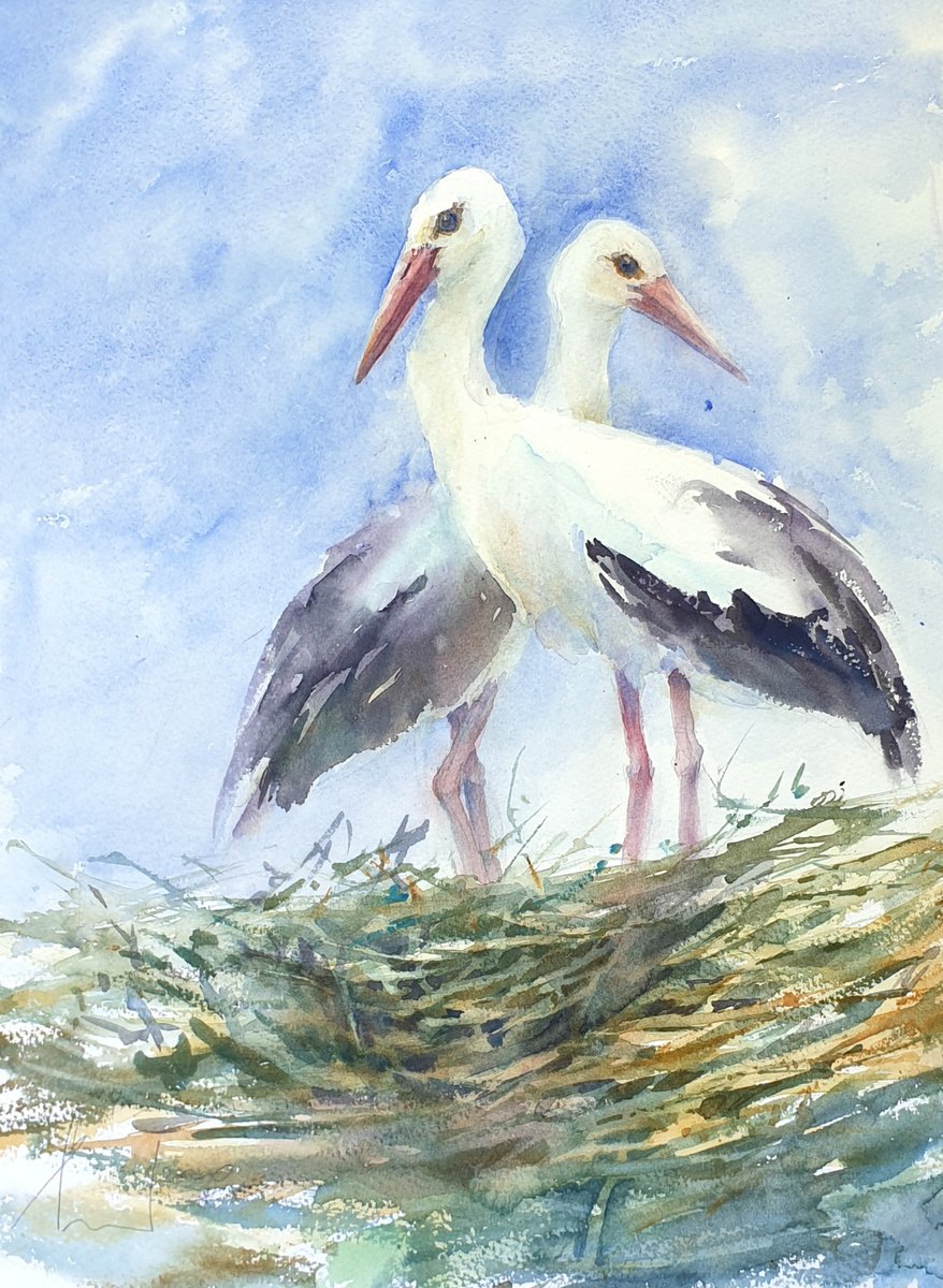 STORKS IN THE NEST 2020.025 original watercolour 41X31 by Beata van Wijngaarden