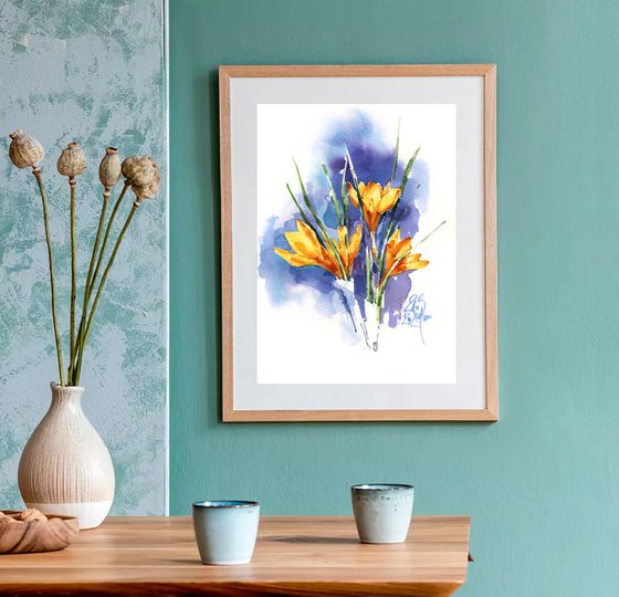 "Fiery" spring flowers crocuses yellow orange watercolours