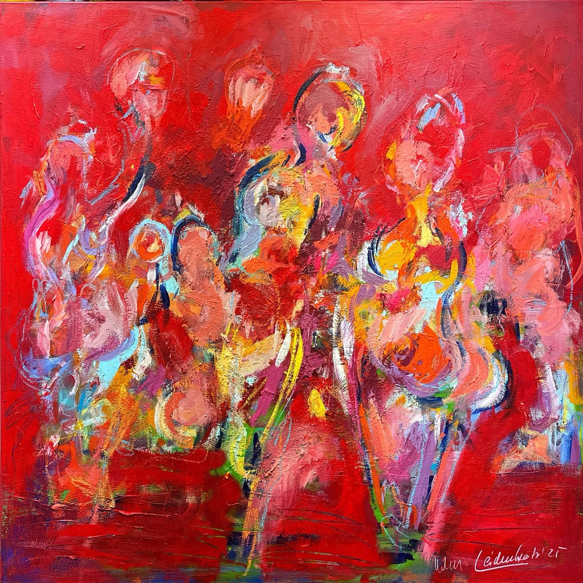 Expressive Portrait Painting By Nicole Leidenfrost, 39 X 39", Versammlung 2, Original Artwork