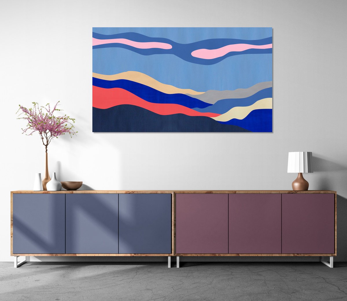 Abstract Landscape Acrylic Painting By Marina Krylova, 53 X 31", Serene Landscape #75, Original Artwork