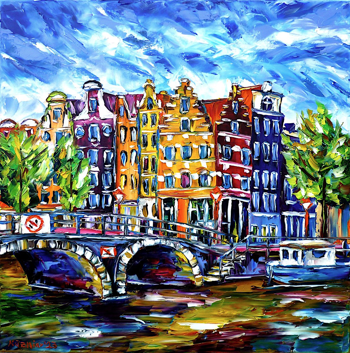 Expressive Cityscapes Oil Painting By Mirek Kuzniar, 20 X 20", Amsterdam View, Original Artwork