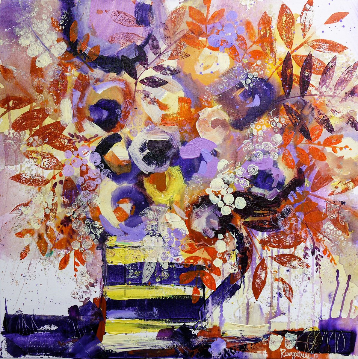 Impressionistic Botanical Acrylic Painting By Irina Rumyantseva, 30 X 30, Floral Still Life - Light Of Life, Original Artwork