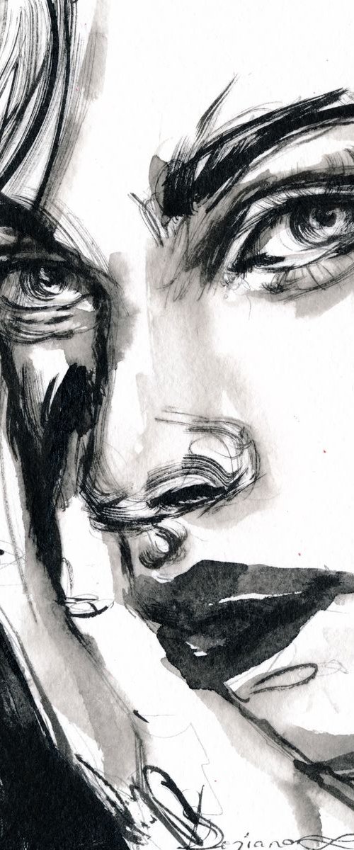 ''Untitled'' Ink Portrait Drawing by Doriana Popa