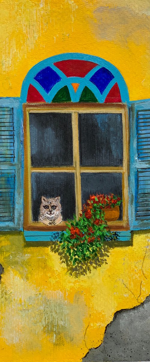 Yellow wall ! Old wall, rustic wall, cat in window! A4 size Painting on paper by Amita Dand