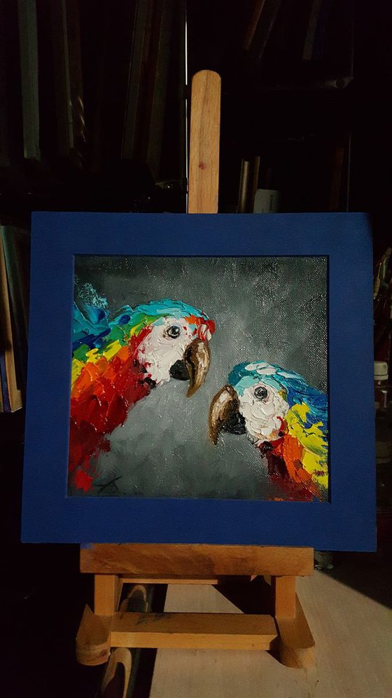 Splash - bird, parrots, painting on canvas, gift, love, birds love, parrots art, art bird, animals, oil painting,  palette knife, gift idea