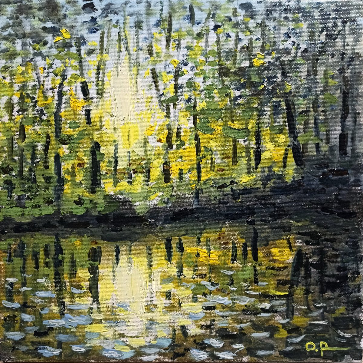 Impressionistic Landscape Oil Painting By Oleh Rak, 12 X 12", Forest Lake, Original Artwork