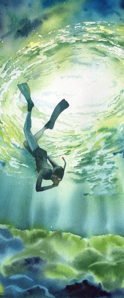 Diver diving into the sea. Original artwork. by Evgeniya Mokeeva